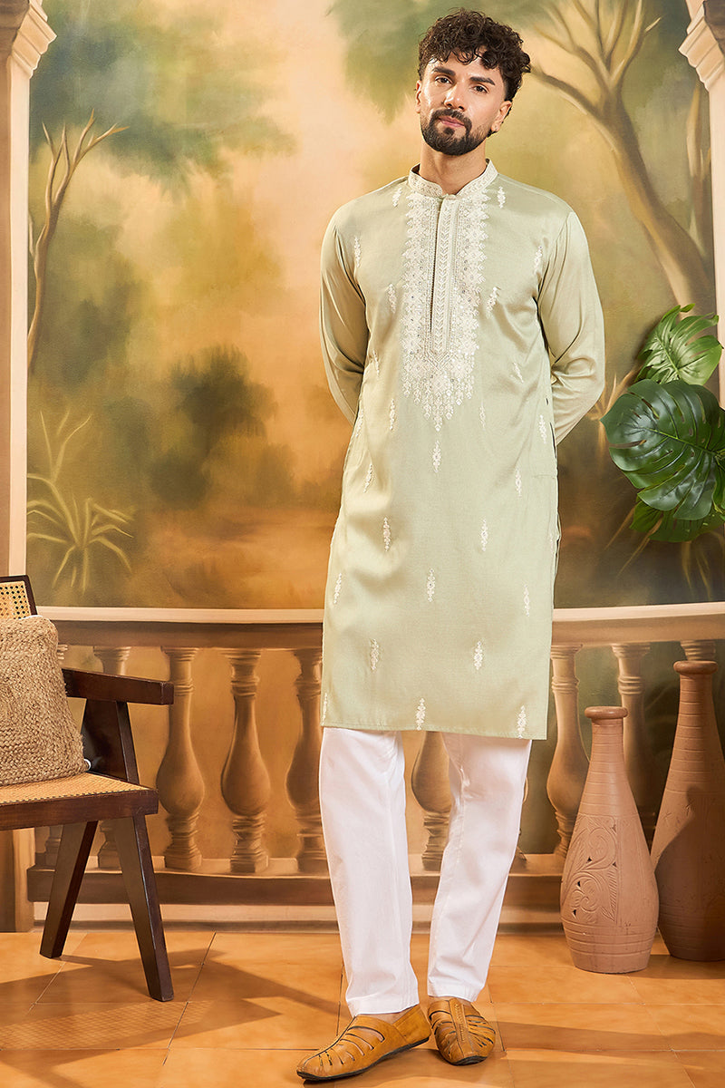 Green Silk Blend Solid Embroidered Straight Kurta with Trouser MKSET1492