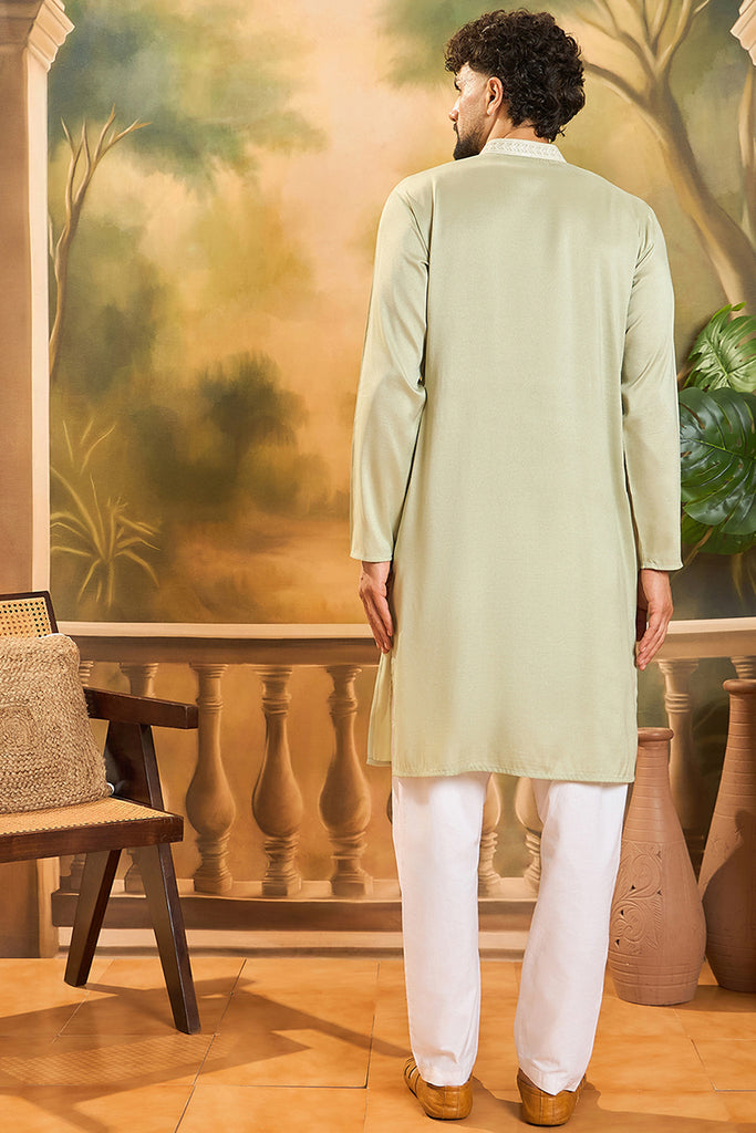 Green Silk Blend Solid Embroidered Straight Kurta with Trouser MKSET1492