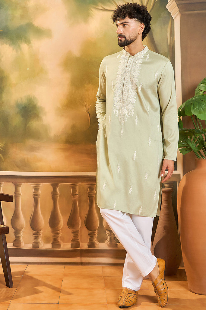 Green Silk Blend Solid Embroidered Straight Kurta with Trouser MKSET1492