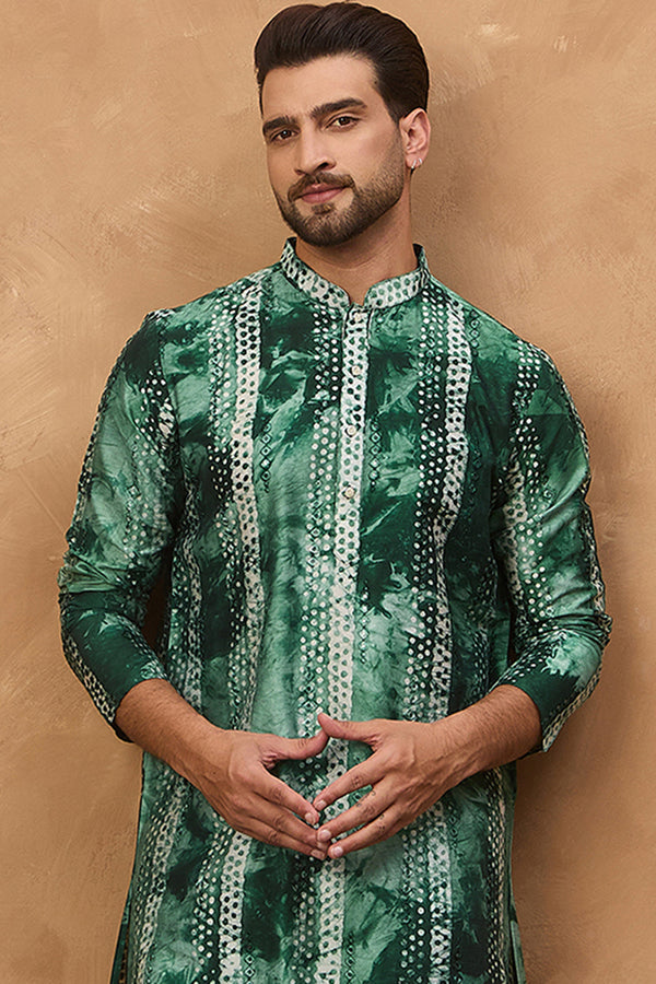 Green Silk Blend Shibori Embroidered Straight Kurta With Pant Set MKSET1538