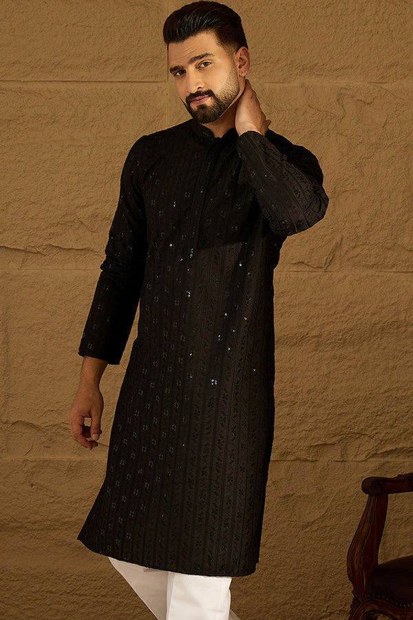 Black Viscose Rayon Solid Embroidered Straight Kurta with Trouser MKSET1554