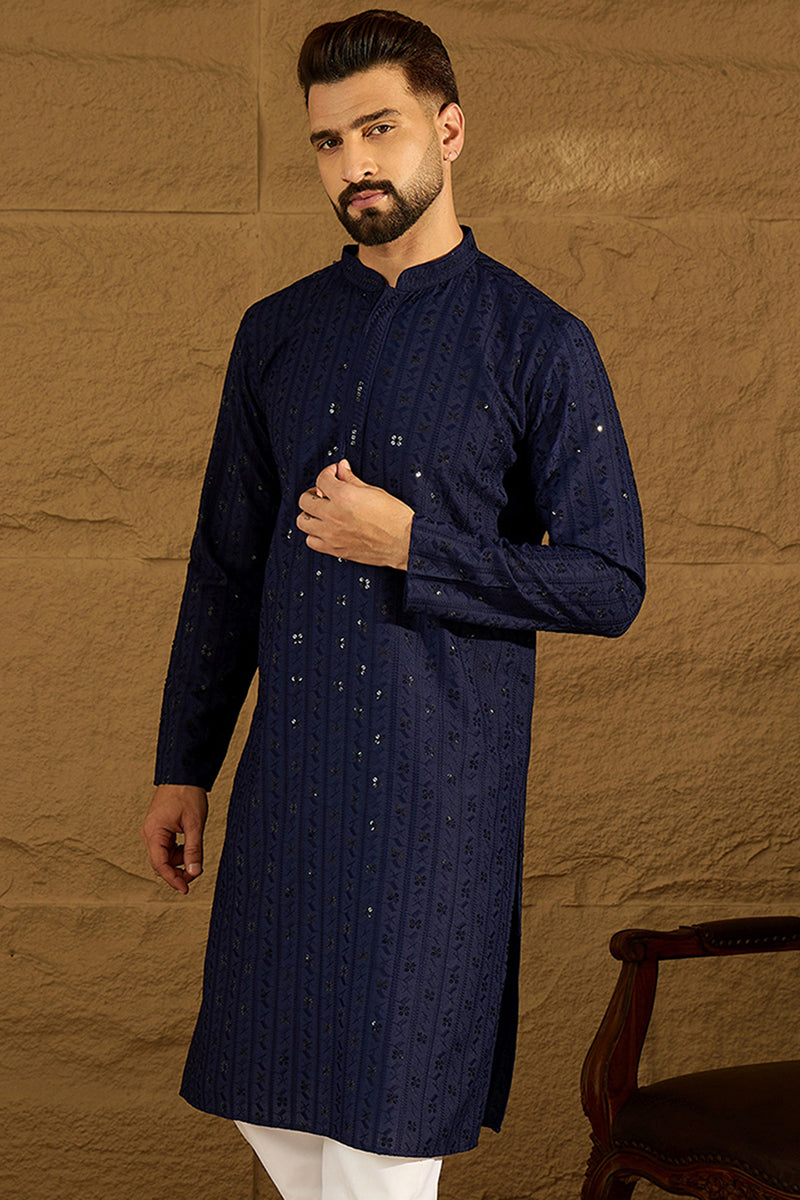 Navy Blue Viscose Rayon Solid Embroidered Straight Kurta with Trouser MKSET1556