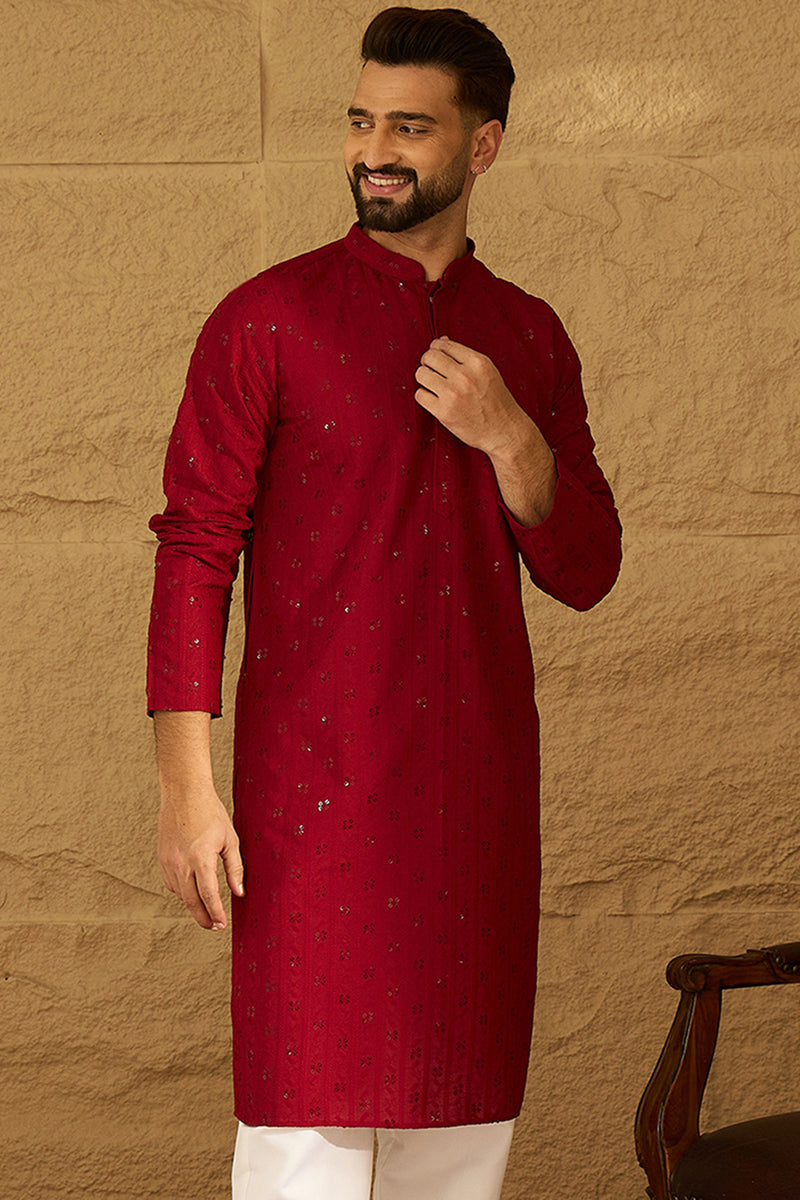 Maroon Viscose Rayon Solid Embroidered Straight Kurta with Trouser MKSET1558