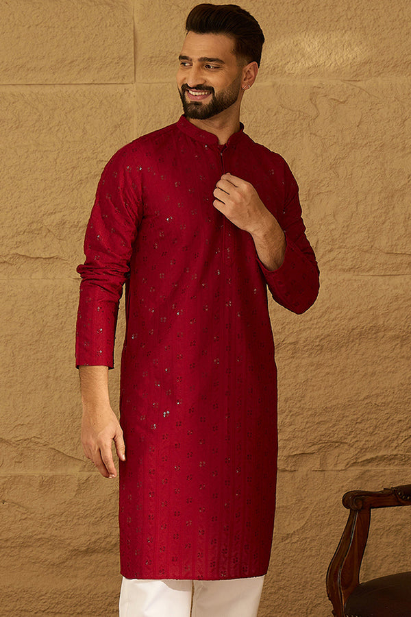 Maroon Viscose Rayon Solid Embroidered Straight Kurta with Trouser MKSET1558