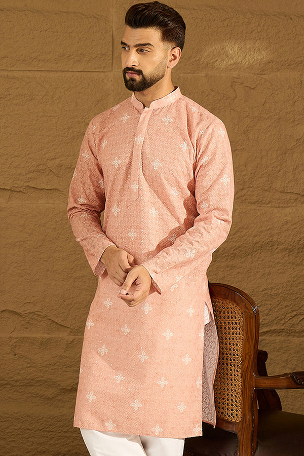 Peach Viscose Rayon Bandhani Embroidered Straight Kurta with Trouser MKSET1587