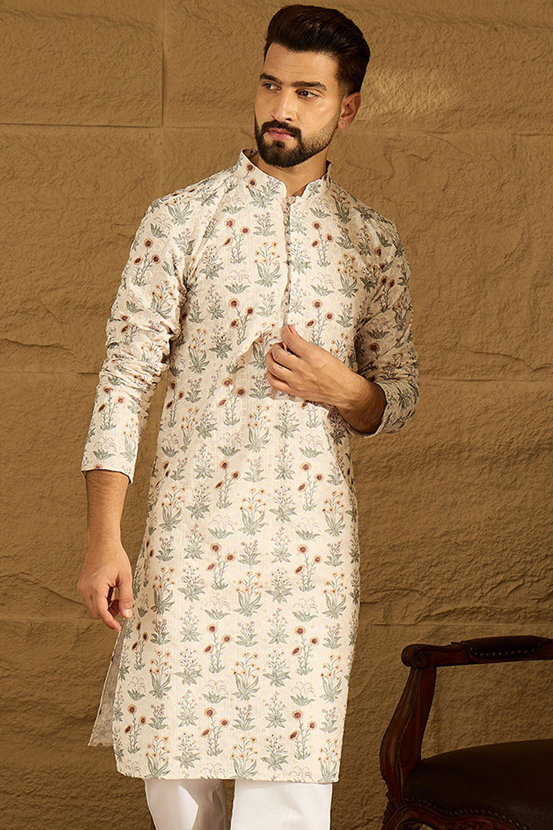 Off White Viscose Rayon Floral Printed Straight Kurta with Trouser MKSET1615