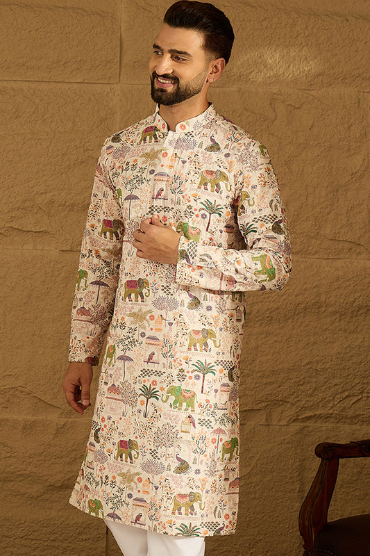 Cream Viscose Rayon Ethnic Motifs Printed Straight Kurta with Trouser MKSET1616