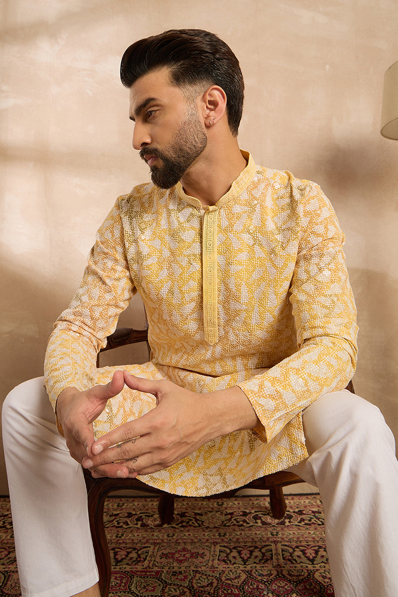 Yellow Viscose Rayon Solid Printed Straight Kurta With Trouser MKSET1657