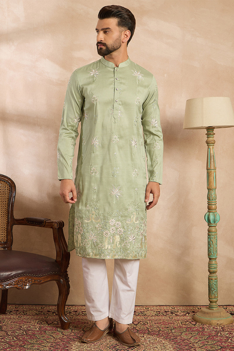 Olive Silk Blend Solid Embroidered Straight Kurta With Trouser MKSET1682