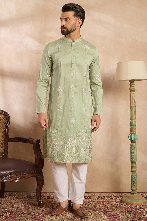 Olive Silk Blend Solid Embroidered Straight Kurta With Trouser MKSET1682