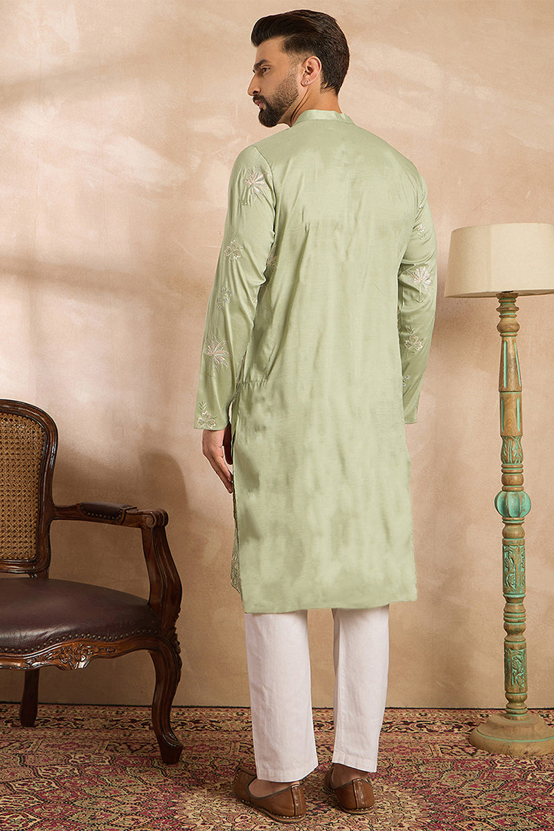 Olive Silk Blend Solid Embroidered Straight Kurta With Trouser MKSET1682