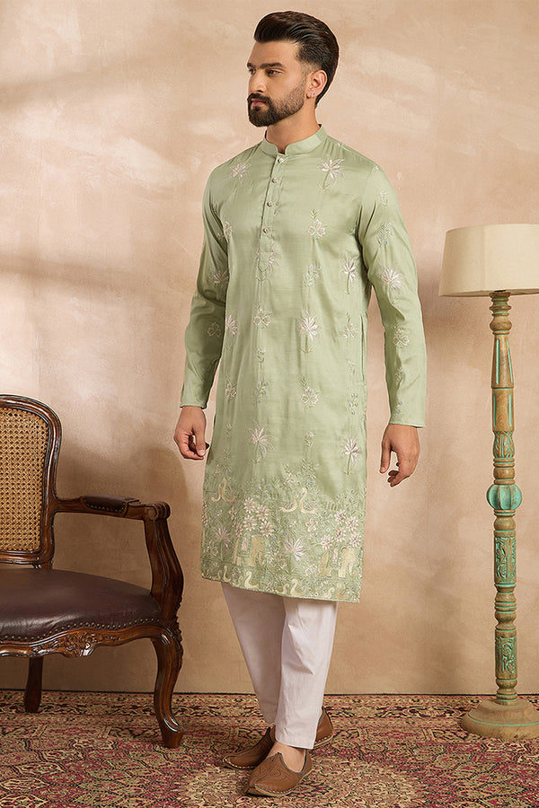 Olive Silk Blend Solid Embroidered Straight Kurta With Trouser MKSET1682