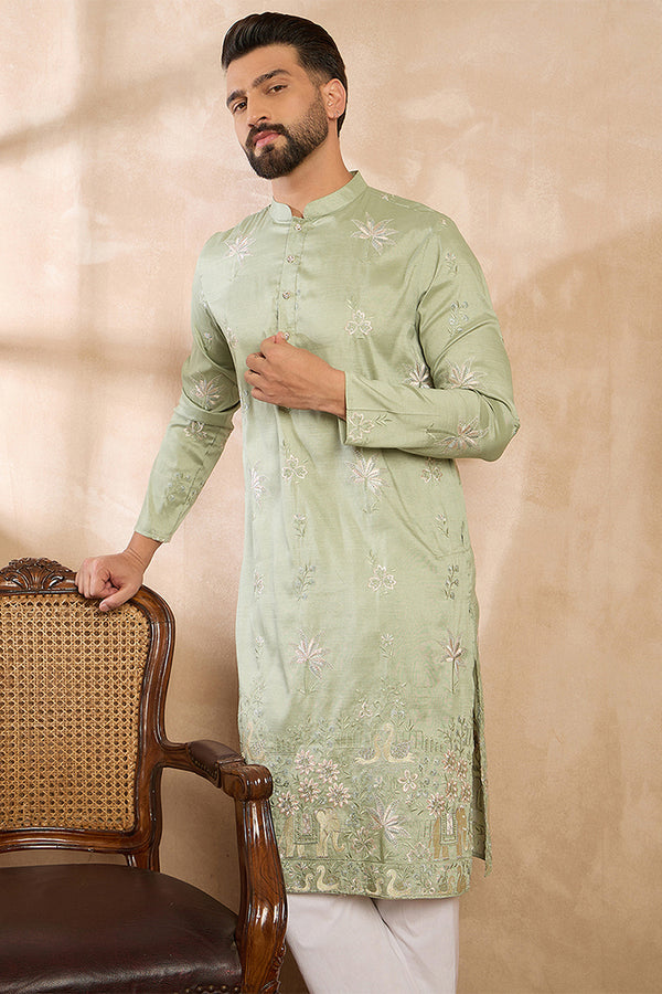 Olive Silk Blend Solid Embroidered Straight Kurta With Trouser MKSET1682