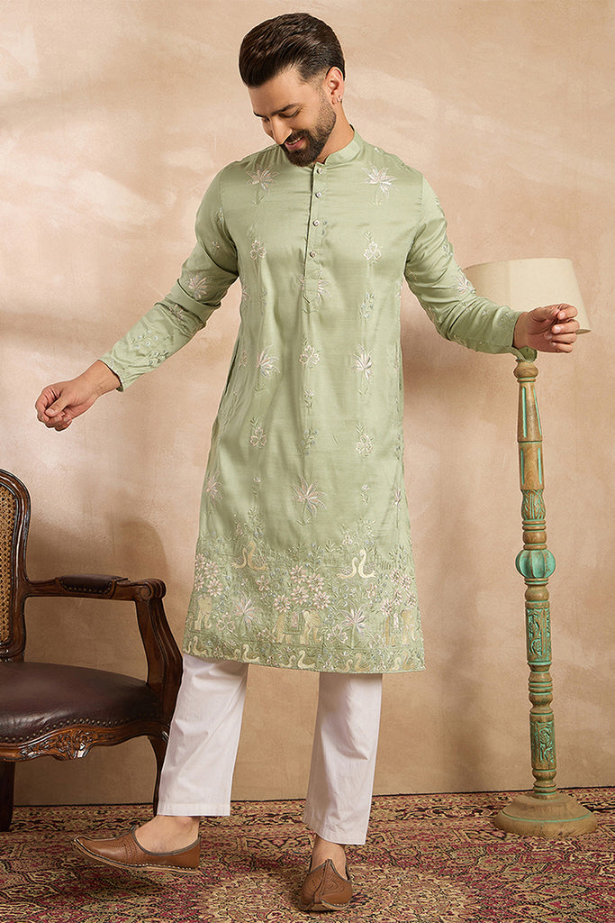 Olive Silk Blend Solid Embroidered Straight Kurta With Trouser MKSET1682
