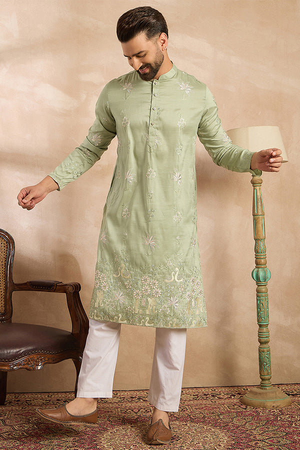 Olive Silk Blend Solid Embroidered Straight Kurta With Trouser MKSET1682