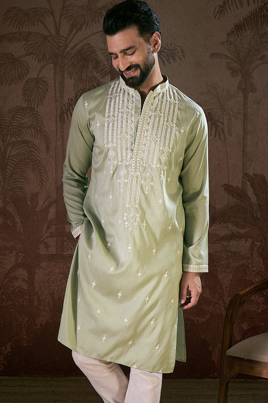 Green Silk Blend Solid Embroidered Straight Kurta With Trouser MKSET1787