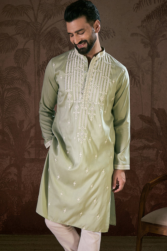 Green Silk Blend Solid Embroidered Straight Kurta With Trouser MKSET1787