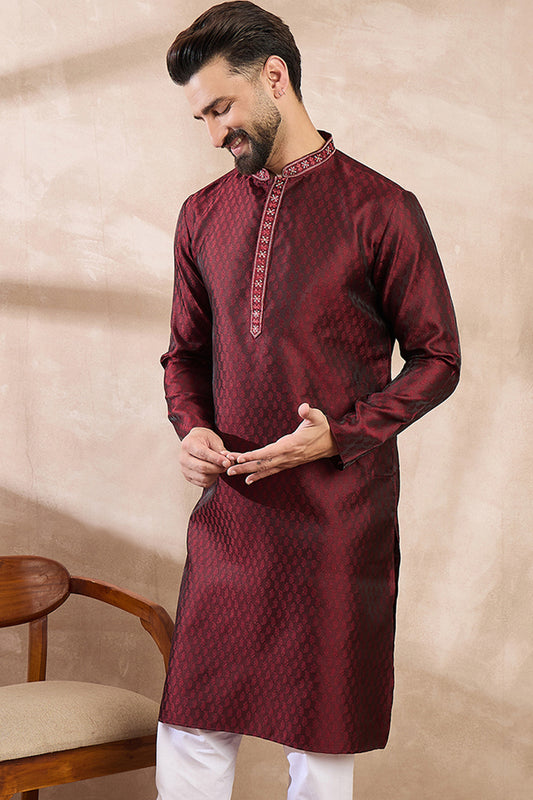 Maroon Silk Blend Solid Woven Design Straight Kurta With Trouser MKSET1896