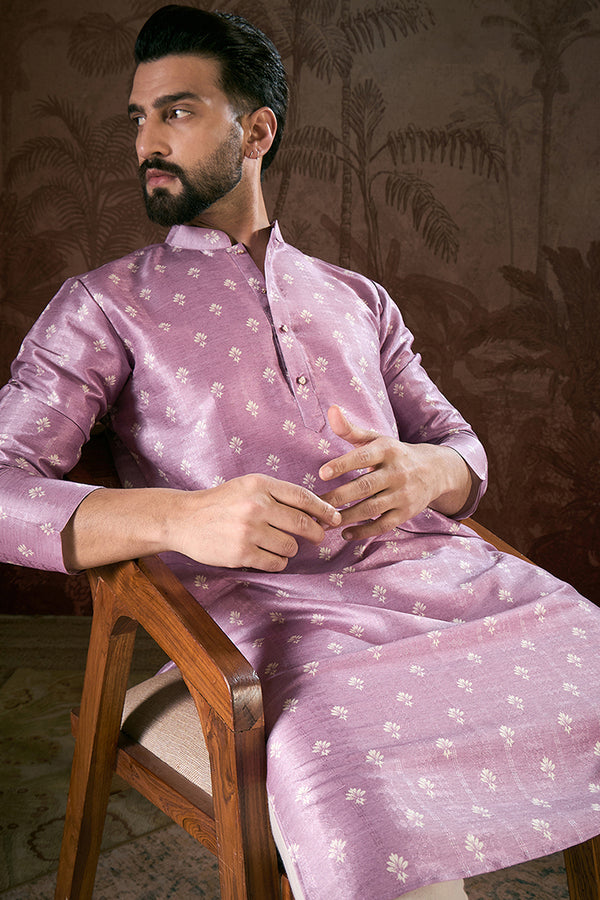 Lavender Silk Blend Floral Printed Straight Kurta With Trouser MKSET1922