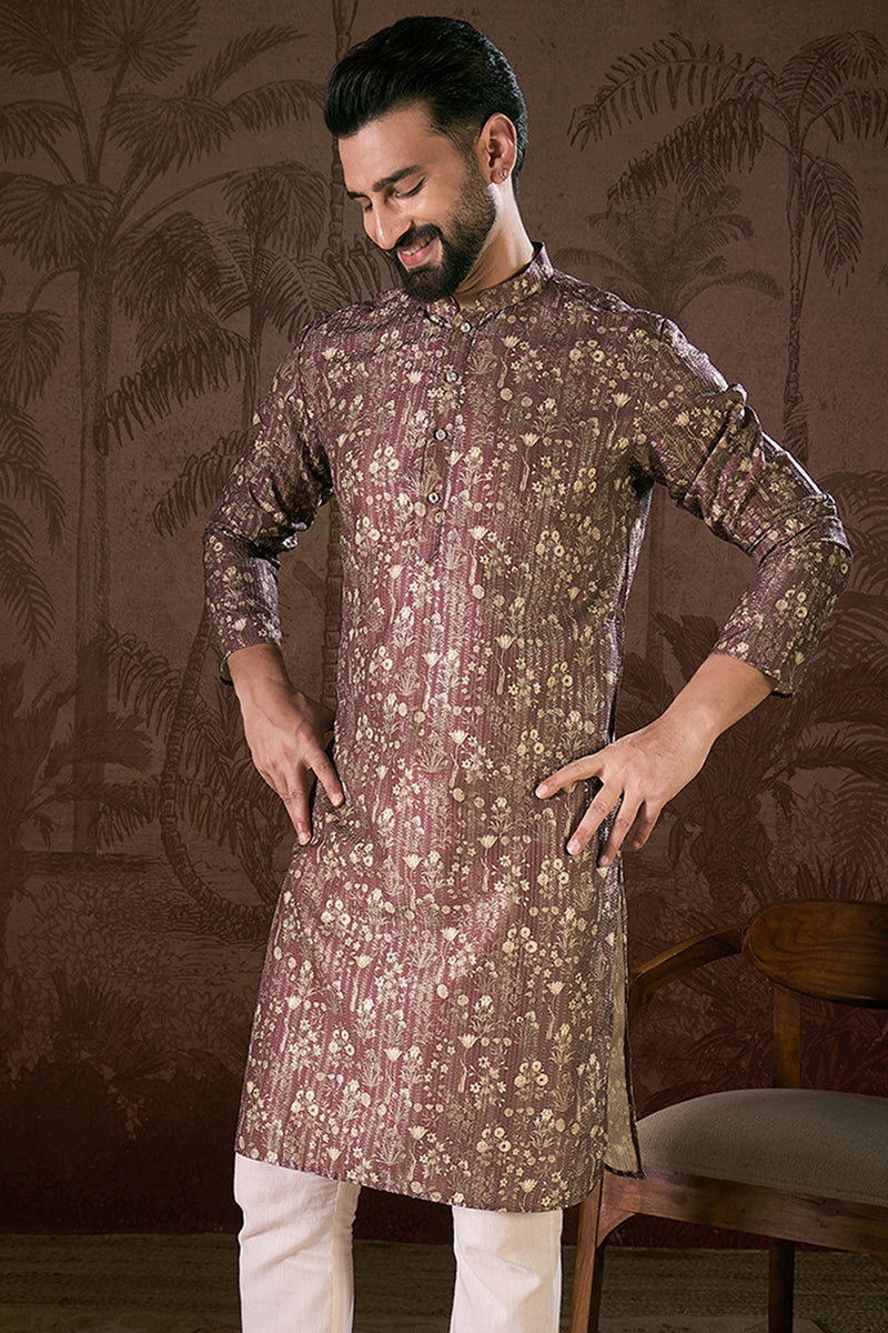 Mauve Silk Blend Floral Printed Straight Kurta With Trouser MKSET1932