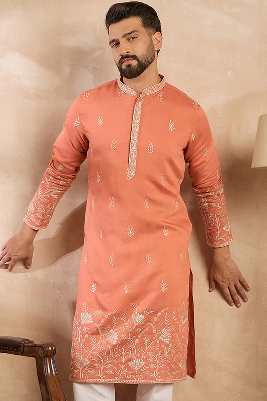 Peach Vartican Solid Embroidered Straight Kurta With Trouser MKSET1935