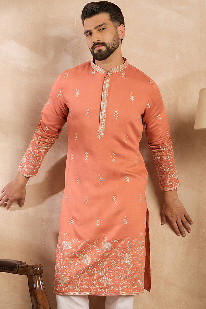 Peach Vartican Solid Embroidered Straight Kurta With Trouser MKSET1935