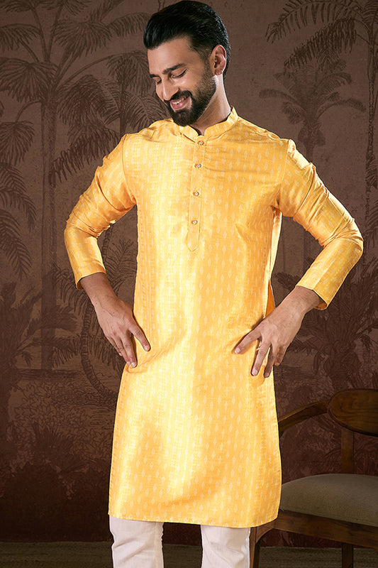 Yellow Silk Blend Ethnic Motifs Printed Straight Kurta With Trouser MKSET1952