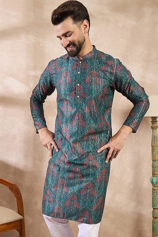 Blue Silk Blend Floral Printed Straight Kurta With Trouser MKSET1974