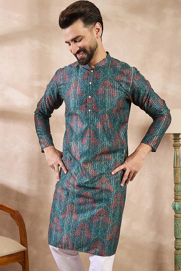 Blue Silk Blend Floral Printed Straight Kurta With Trouser MKSET1974