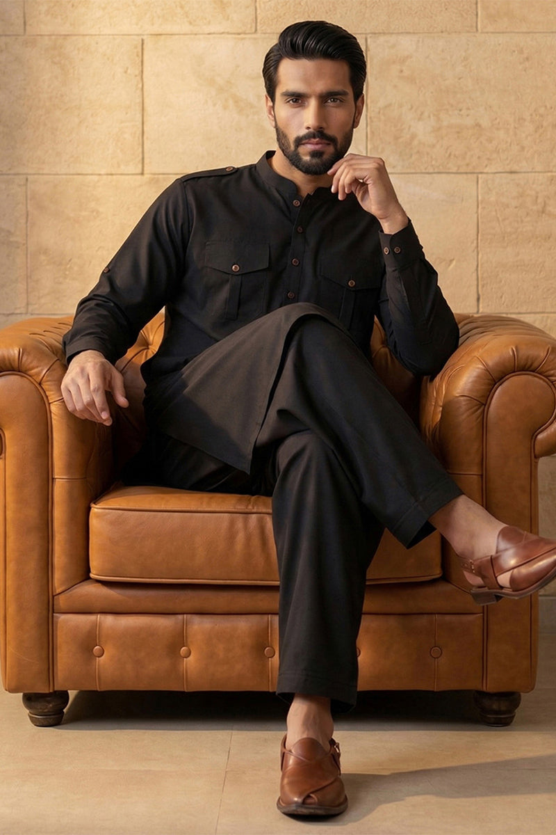 Black Viscose Rayon Solid Straight Pathani Set MKSET2199