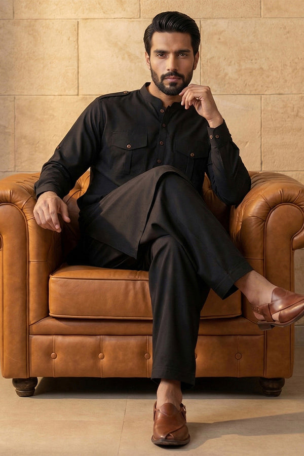 Black Viscose Rayon Solid Straight Pathani Set MKSET2199