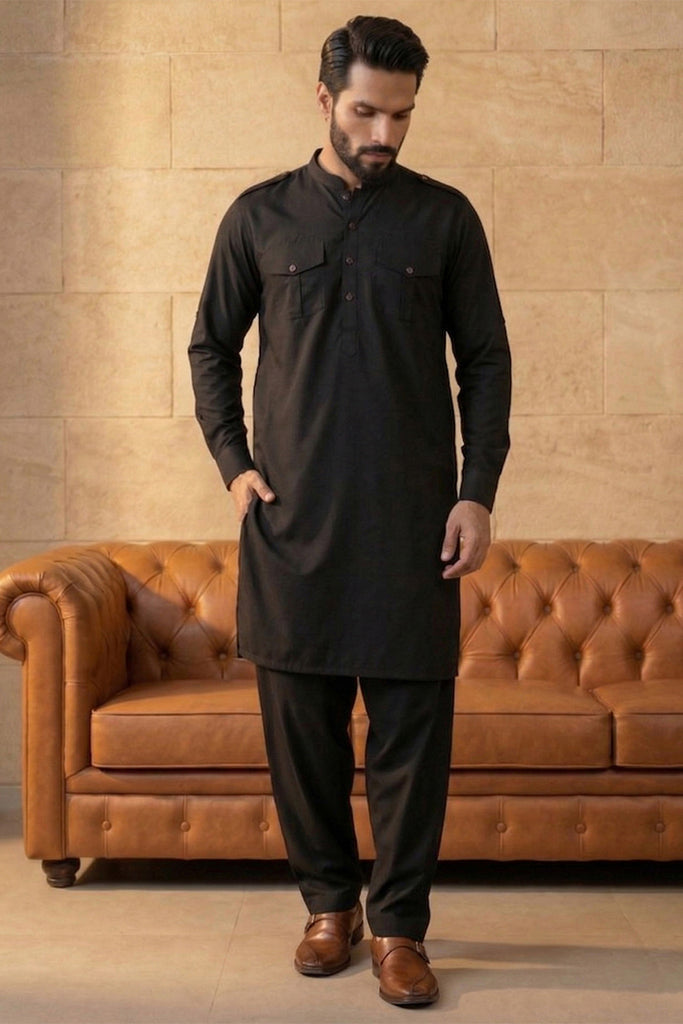 Black Viscose Rayon Solid Straight Pathani Set MKSET2199