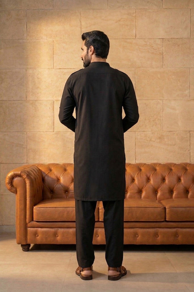 Black Viscose Rayon Solid Straight Pathani Set MKSET2199