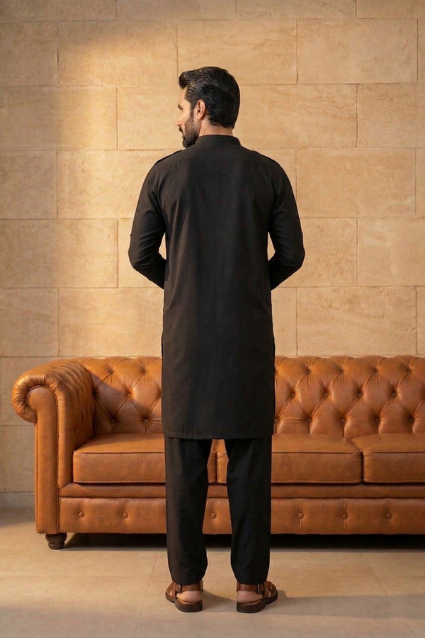 Black Viscose Rayon Solid Straight Pathani Set MKSET2199