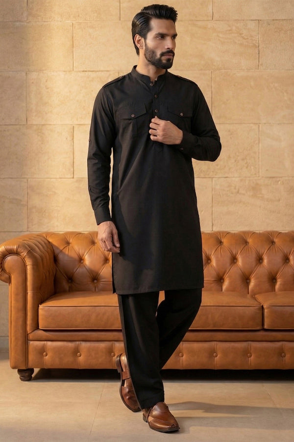Black Viscose Rayon Solid Straight Pathani Set MKSET2199