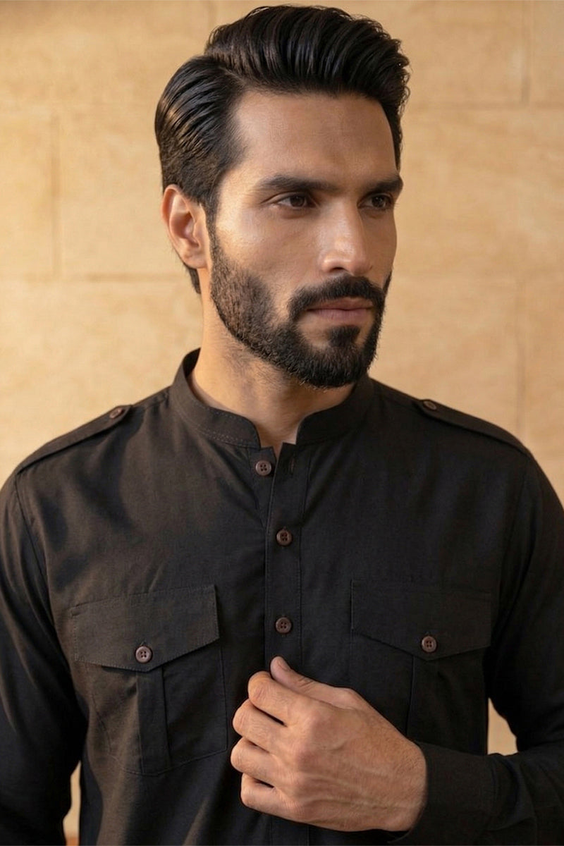 Black Viscose Rayon Solid Straight Pathani Set MKSET2199