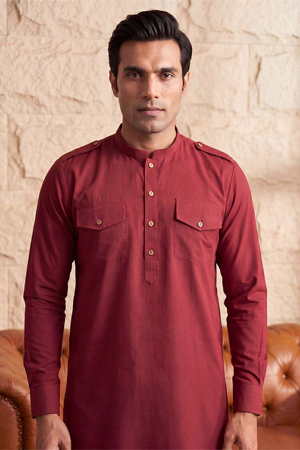 Red Viscose Rayon Solid Straight Pathani Set MKSET2370