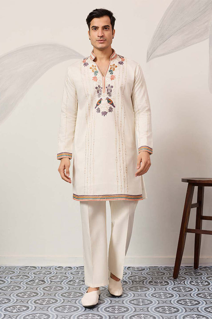 White Silk Blend Embroidered Straight Kurta With Trousers MKSET2397