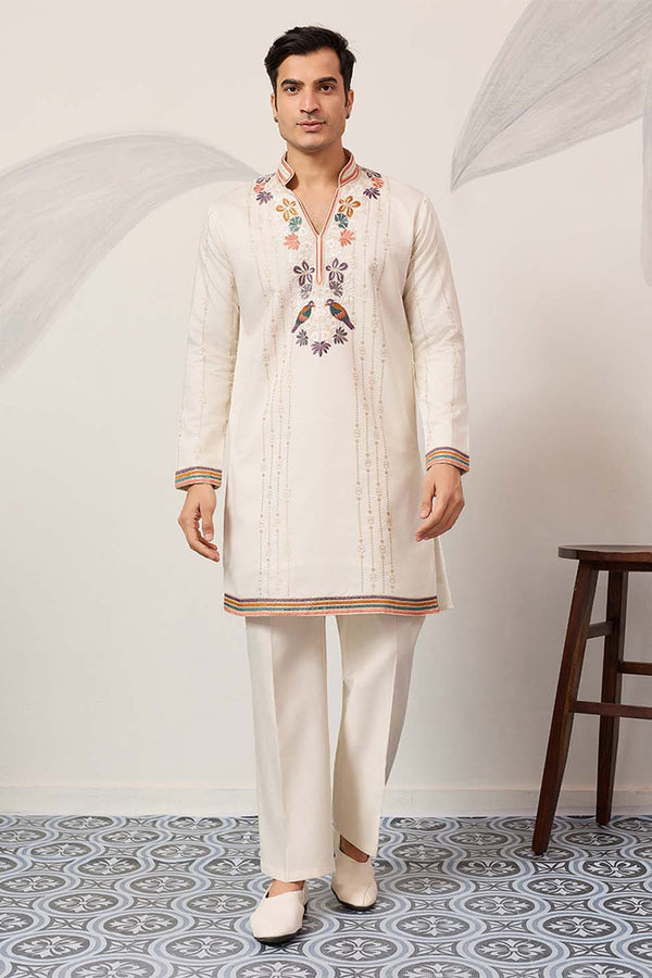 White Silk Blend Embroidered Straight Kurta With Trousers MKSET2397