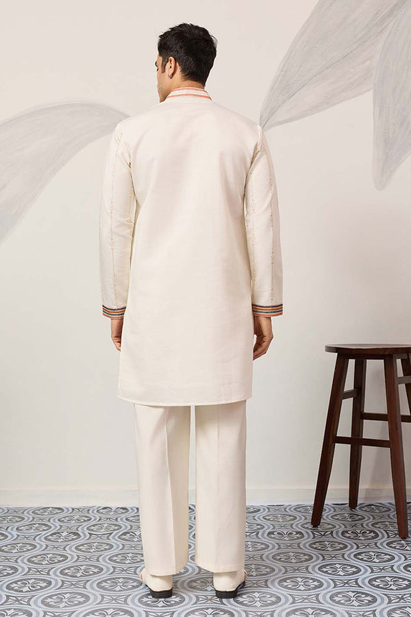 White Silk Blend Embroidered Straight Kurta With Trousers MKSET2397