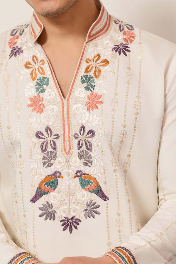 White Silk Blend Embroidered Straight Kurta With Trousers MKSET2397