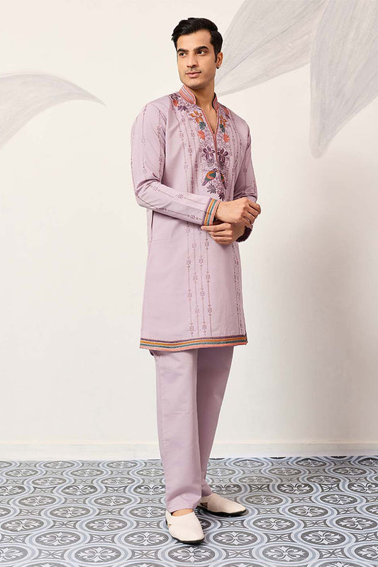 Lavender Silk Blend Embroidered Straight Kurta With Trousers MKSET2399