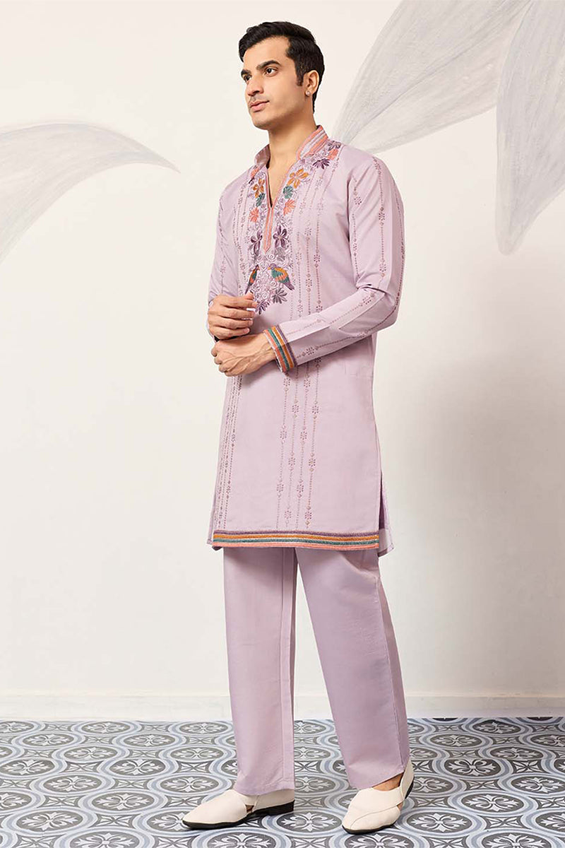 Lavender Silk Blend Embroidered Straight Kurta With Trousers MKSET2399