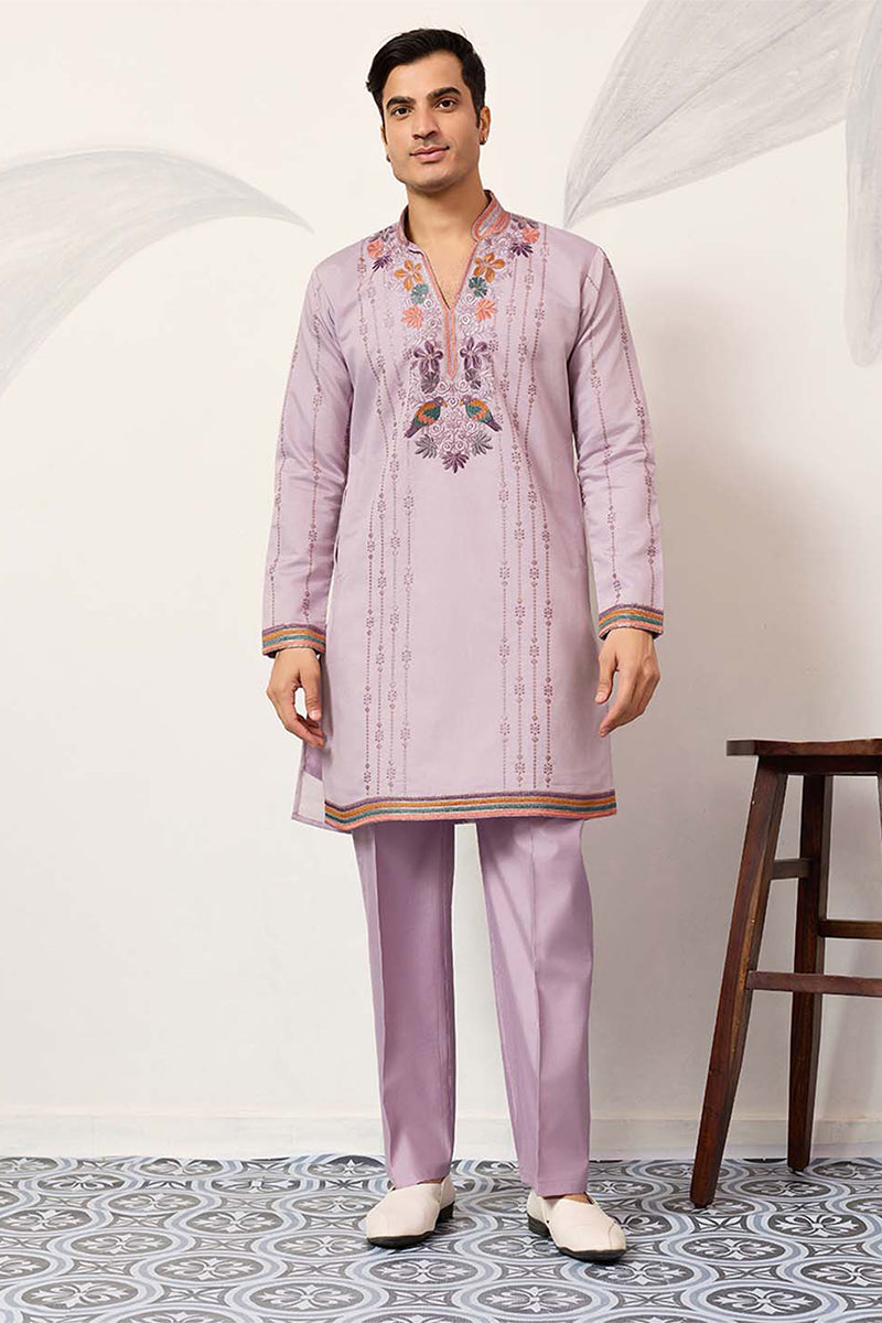Lavender Silk Blend Embroidered Straight Kurta With Trousers MKSET2399