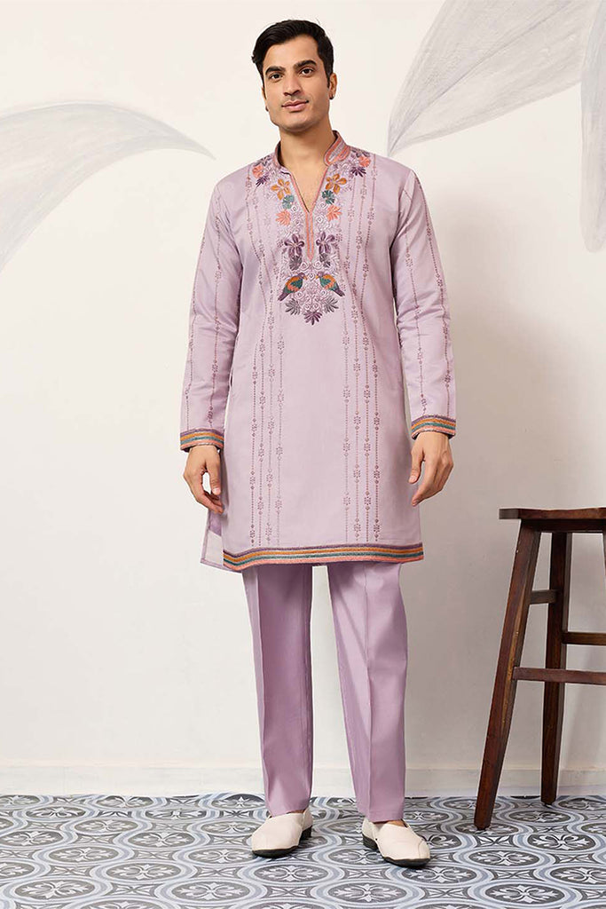 Lavender Silk Blend Embroidered Straight Kurta With Trousers MKSET2399