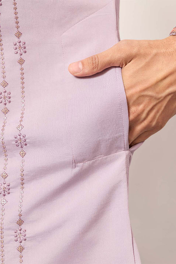 Lavender Silk Blend Embroidered Straight Kurta With Trousers MKSET2399