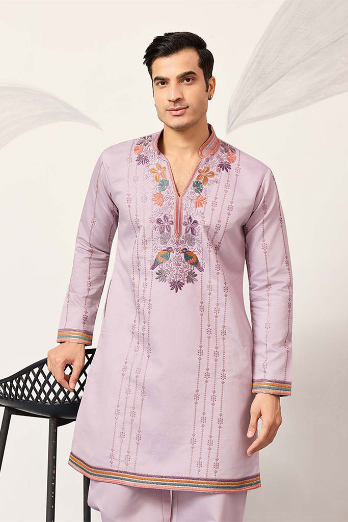 Lavender Silk Blend Embroidered Straight Kurta With Trousers MKSET2399