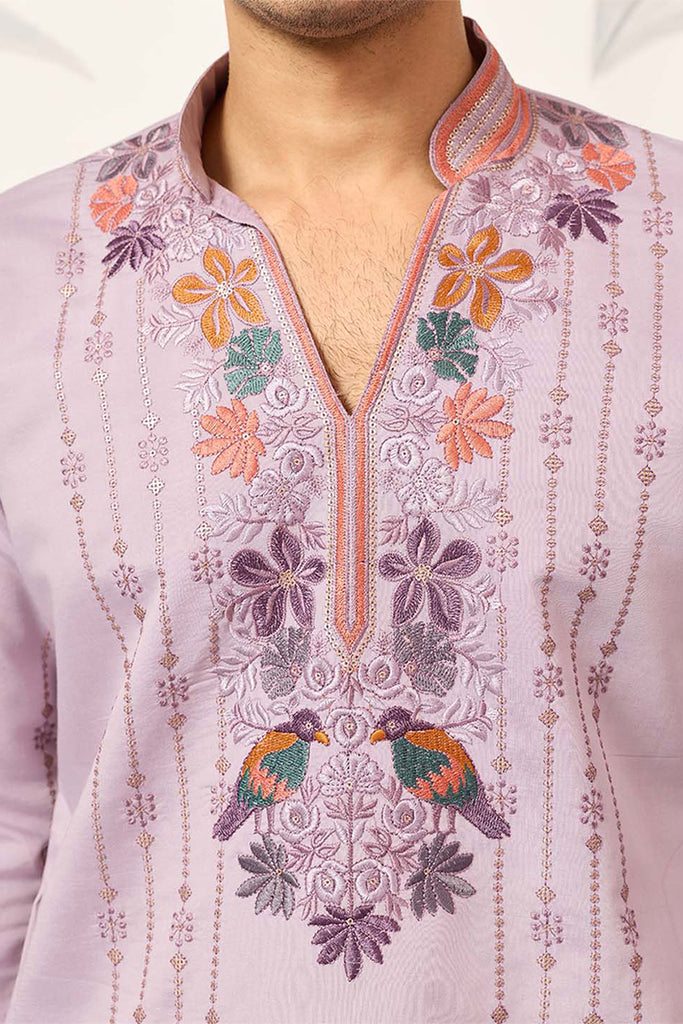 Lavender Silk Blend Embroidered Straight Kurta With Trousers MKSET2399