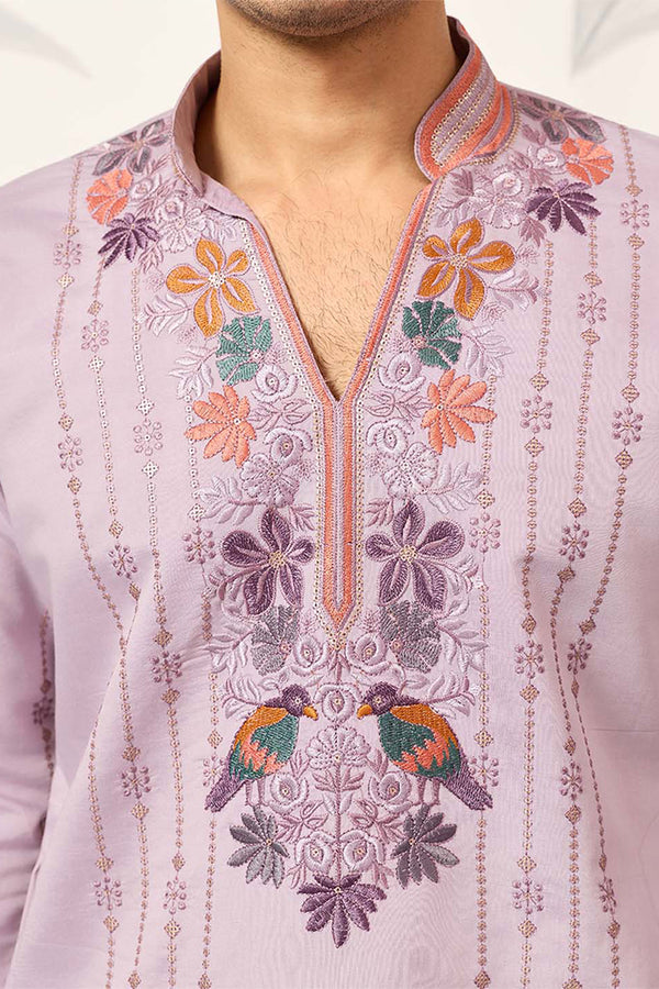 Lavender Silk Blend Embroidered Straight Kurta With Trousers MKSET2399