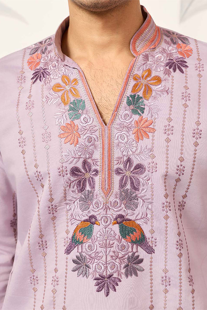 Lavender Silk Blend Embroidered Straight Kurta With Trousers MKSET2399